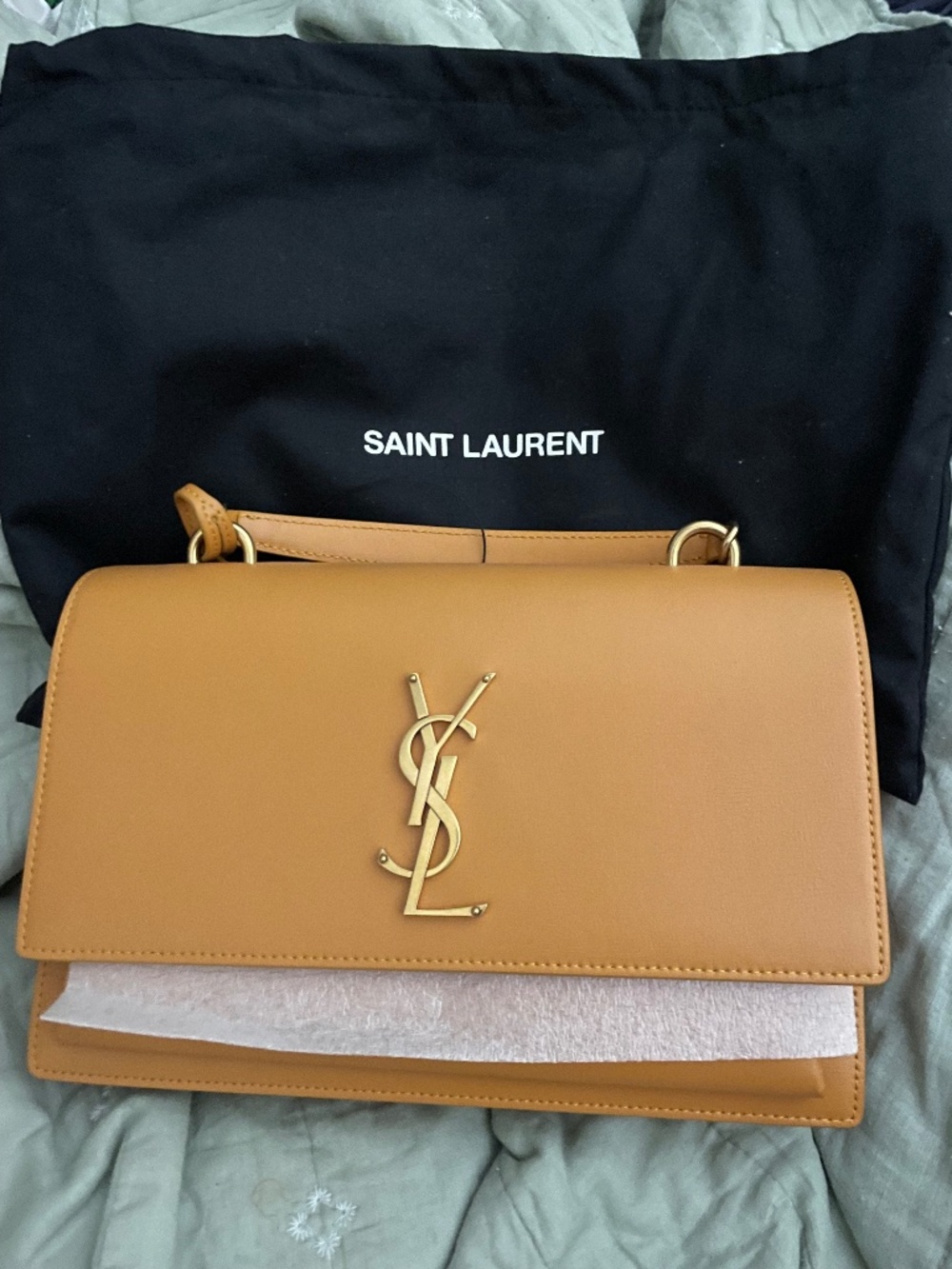 Saint Laurent Sunset Leather Handbag Mustard Gold Hardware NEW YSL w/dust bag